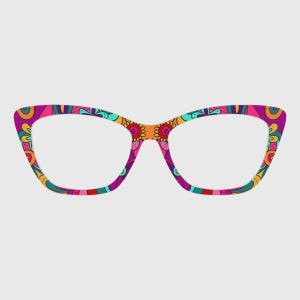 Peut inclure: Monture de lunettes en forme d'œil de chat avec un motif floral et abstrait multicolore et vibrant. Le design intègre des nuances vives de magenta, orange, bleu sarcelle et jaune, créant un imprimé graphique audacieux sur toute la surface.