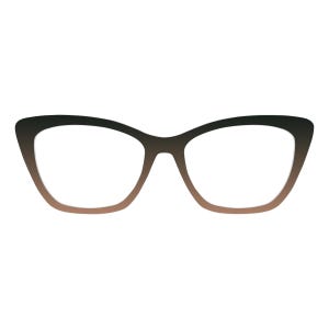 May include: A pair of eyeglasses with a cat-eye frame. The frame transitions from a dark brown at the top to a lighter brown at the bottom. The lenses are clear, and the overall design is modern and stylish.