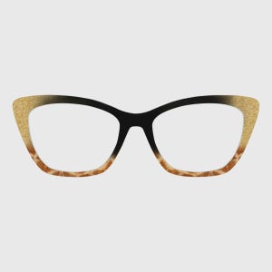 May include: Cat-eye eyeglasses with a black frame and gradient design. The outer edges feature a gold glitter finish that fades into a brown animal print pattern. The glasses have clear lenses.