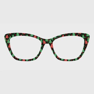 May include: Cat-eye glasses frames featuring a black background with a repeating pattern of green Christmas trees, red polka dots, and small red and white checkered triangles distributed across the entire surface of the frames.