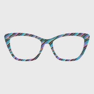 May include: Cat-eye spectacles with a vibrant, textured pattern. The frames display a repeating design in shades of blue, purple, and green, offering a unique and striking appearance. The lenses are clear, and the overall design is modern and stylish.
