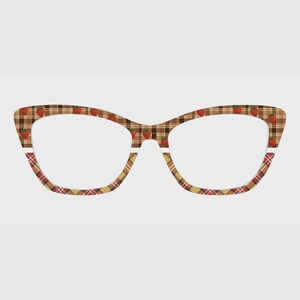 May include: Cat-eye style eyeglasses with a brown plaid pattern and red strawberry accents. The frames have a unique design with a mix of plaid and strawberry patterns, offering a stylish and playful look.