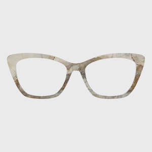 May include: Cat-eye style eyeglasses with a marbled pattern in shades of beige, brown, and gray. The frames have a textured appearance, and the lenses are clear. The glasses are designed for vision correction or fashion.