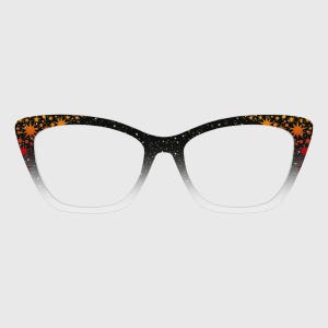 May include: Cat-eye spectacles with a black and white speckled frame. The outer edges of the frame are decorated with orange, red, and yellow starburst designs. The lenses are clear.