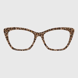 May include: Cat-eye glasses featuring a prominent brown and black leopard print pattern across the entire frame. The lenses are clear and transparent, framed by a thick, bold rim that tapers toward the outer edges in a classic cat-eye shape.