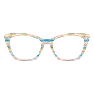 May include: Cat-eye style eyeglasses with a colorful, abstract pattern. The frames feature a blend of blue, yellow, pink, and white hues, resembling a watercolor painting. The glasses have a classic shape with a modern, artistic design.