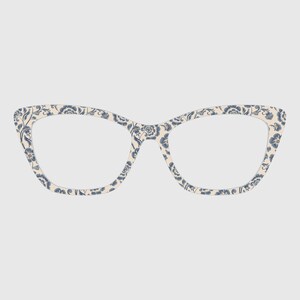 May include: Cat-eye style eyeglasses with a cream-colored frame featuring a blue floral pattern. The glasses have a classic shape with a decorative design, suitable for vision correction or fashion.