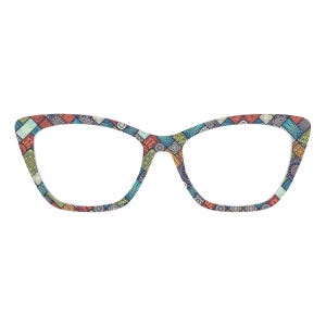 May include: Cat-eye style eyeglasses with a colorful, patterned design. The frames feature a mosaic of geometric shapes and floral motifs in shades of blue, orange, green, and red. The lenses are clear, and the overall aesthetic is vibrant and stylish.