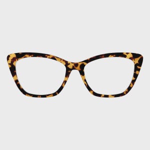 Op de afbeelding: Bril met kattenoogvorm en een schildpadpatroon. De monturen hebben een klassieke vorm met een donkerbruin en geel gevlekt ontwerp. De glazen zijn helder, tegen een effen achtergrond.