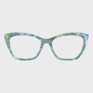 May include: Cat-eye style eyeglasses with a marbled pattern in shades of blue, green, and white. The frames have a unique, artistic design. The lenses are clear, and the overall aesthetic is modern and stylish.