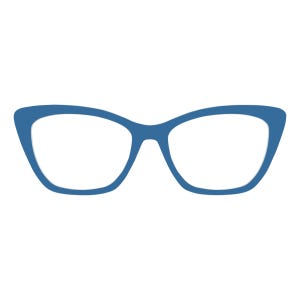 May include: A pair of blue cat-eye glasses against a white backdrop. The glasses feature a retro design with a distinctive, angular frame. The lenses are clear, and the frame is a solid, medium blue colour.