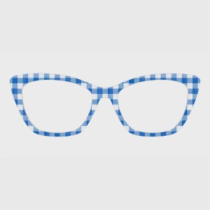 May include: Cat-eye glasses featuring a blue and white gingham check pattern across the entire frame. The design consists of a repeating grid of small squares in alternating shades of blue and white, creating a classic checkered appearance.