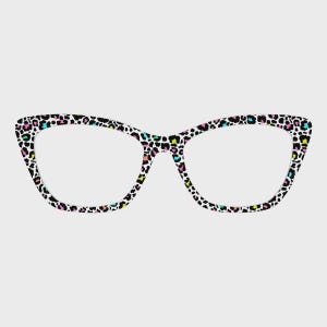 May include: Cat-eye style spectacles with a white frame featuring a colourful leopard print pattern. The print includes black, pink, blue, yellow, and green spots. The glasses have a classic, retro design.