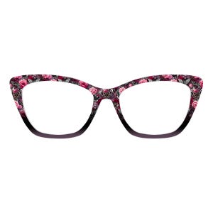Può includere: Occhiali da vista in stile cat-eye con un motivo floreale nei toni del rosa, rosso e nero. Le montature hanno un effetto sfumato, che passa dal nero al viola scuro. Le lenti sono trasparenti.
