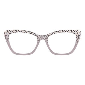 May include: Cat-eye style eyeglasses with a light gray frame and a leopard print pattern on the upper rims. The lenses are clear, and the glasses have a modern, stylish design. These glasses are suitable for everyday use.