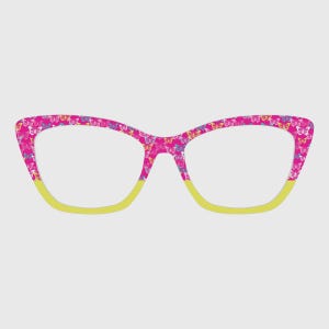 May include: Pink cat-eye eyeglasses with a butterfly pattern on the frames. The bottom of the frames are yellow. The glasses have a retro style.