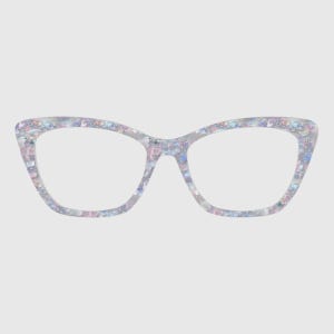 Może przedstawiać: Okulary w stylu kociego oka z perłową, nakrapianą oprawką w odcieniach bieli, różu i błękitu. Okulary mają klasyczny kształt z lekko uniesioną zewnętrzną krawędzią. Soczewki są przezroczyste.