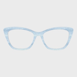 May include: Light blue cat-eye eyeglasses with a delicate, patterned design. The frames have a subtle, textured appearance, and the lenses are clear. These stylish glasses are a fashionable accessory.