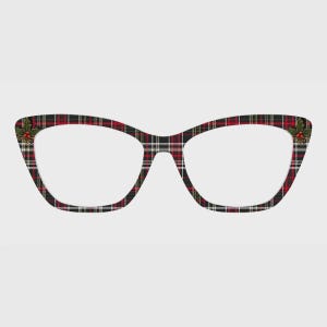 May include: Cat-eye glasses frames featuring a red, black, and white plaid tartan pattern. The outer corners of the frames are decorated with small, detailed illustrations of green holly leaves and red berries on each side of the eyewear.