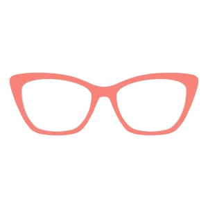 Puede incluir: Gafas de estilo ojo de gato de color coral. Las monturas tienen un diseño clásico, con barrido hacia arriba, con forma de lente redondeada. Las gafas están sobre un fondo blanco liso.