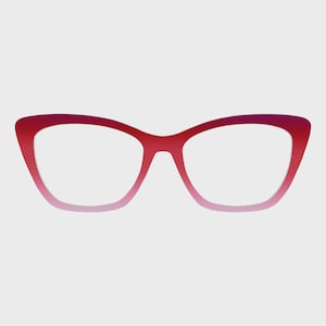 May include: A pair of cat-eye style eyeglasses with a gradient color scheme. The frames transition from a deep red at the top to a soft pink at the bottom. The lenses are clear, and the overall design is sleek and modern.