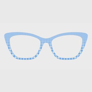 May include: Cat-eye glasses featuring a light blue and white gingham check pattern. The frames have a distinct upswept shape at the outer corners, transitioning from a solid light blue at the top to the checkered pattern along the lower rims.