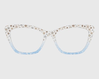 De bruine en zilveren sneeuwvlokken op witte magnetische briltoppers – compatibel met brilmonturen