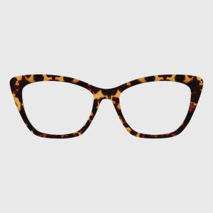 May include: Cat-eye glasses featuring a brown and black tortoiseshell pattern on the frames. The lenses are clear and the frame shape is wide and angular at the outer edges, providing a distinct silhouette for these eyewear frames.