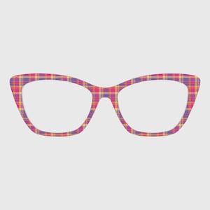 May include: Cat-eye glasses frames featuring a vibrant plaid pattern in shades of magenta, purple, and yellow. The frames have a distinct upswept shape at the outer corners, creating a bold look with a consistent grid-like check design throughout.