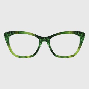 Puede incluir: Gafas de estilo ojo de gato con un patrón verde texturizado. Las monturas tienen un efecto degradado, pasando de un verde más claro a un tono más oscuro. Las lentes son transparentes y el diseño es moderno y elegante.