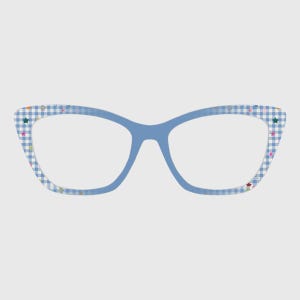 May include: Cat-eye style eyeglasses with a light blue frame. The outer edges of the frames feature a blue and white gingham pattern with colorful star accents. The lenses are clear.