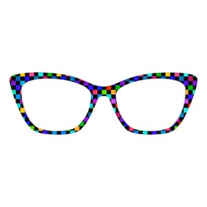 May include: Cat-eye style eyeglasses with a vibrant, multicolored checkerboard pattern. The frames feature a black base with squares of blue, green, yellow, pink, and red. The lenses are clear, and the overall design is bold and eye-catching.