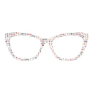 May include: White cat-eye glasses with a pattern of religious words and symbols, including crosses, hearts, and the words "Faith", "Serve", and "Ministry". The glasses have a bold, decorative design.