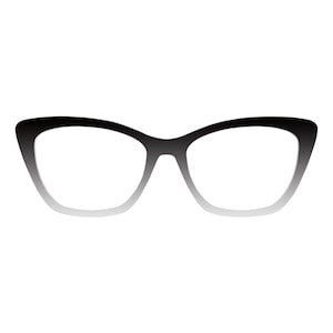 May include: Black and white gradient cat-eye glasses. The frames transition from black at the top to white at the bottom. The lenses are clear, and the glasses are set against a white background.