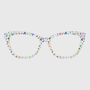 May include: Cat-eye shaped eyeglasses with a white frame featuring a repeating pattern of small awareness ribbons in various colors including blue, green, yellow, purple, orange, and pink, distributed evenly across the entire surface of the frame.