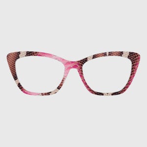 May include: Cat-eye style eyeglasses with a pink and brown snakeskin pattern. The frames transition from a light pink to a darker brown, with a textured appearance. The lenses are clear, and the overall design is stylish and modern.