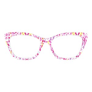 May include: Eyeglasses with a white frame and a pink, yellow, and purple leopard print. The glasses have a cat-eye shape.