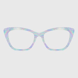 May include: Cat-eye style eyeglasses with a geometric pattern in pastel colors. The frames feature a repeating pattern of small, three-dimensional triangles in shades of pink, blue, green, and purple. The lenses are clear.