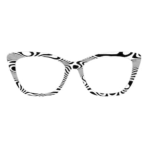 Peut inclure: Lunettes de vue de style œil de chat avec un motif zébré noir et blanc. Les montures présentent un design graphique audacieux, avec une forme épaisse et incurvée. Les verres sont clairs, et l'aspect général est moderne et élégant.