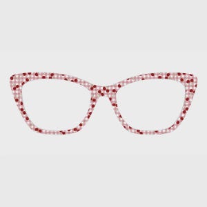 May include: Cat-eye glasses frames featuring a light pink and white gingham check pattern. The frames are decorated with a repeating print of small red cherries with green stems scattered across the entire surface of the front rims.