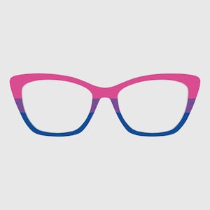 May include: Cat-eye style eyeglasses with a pink, purple, and blue color scheme. The frames are a bold pink at the top, transitioning to purple, and ending with a blue at the bottom. The glasses have a modern, minimalist design.