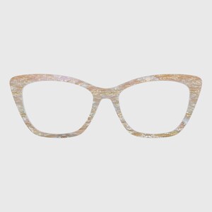 May include: Cat-eye spectacles with a pearlescent, marbled effect in beige, gold, and white. The frames have a classic shape with a slightly upswept outer edge. The lenses are clear.