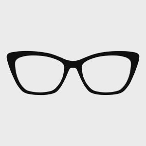 May include: Black cat-eye style eyeglasses with a thick frame. The glasses have a classic, retro design, with a slightly upswept outer edge. The lenses are clear, and the frame is a solid black color.