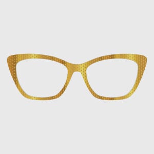 Pode incluir: Óculos dourados com superfície texturizada e formato de olho de gato. Os óculos têm um design clássico com um padrão sutil, adequados para moda ou fantasias.