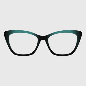 Puede incluir: Gafas de estilo ojo de gato con una montura degradada que pasa de un azul verdoso intenso en la parte superior a un negro sólido en la parte inferior. Las lentes son transparentes y el marco tiene un borde exterior elevado y definido.