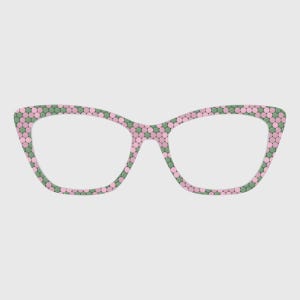 May include: Cat-eye eyeglasses with a pattern of pink and green circles. The frames are a light green color, and the circles are pink and green. The lenses are clear.