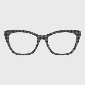 Puede incluir: Gafas de estilo ojo de gato con un patrón de cuadros en blanco y negro en toda la montura. El diseño incluye un borde exterior puntiagudo en ambos lados de la montura, con un puente ancho que conecta las dos aberturas de las lentes.