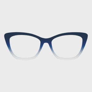 Könnte beinhalten: Brille im Cat-Eye-Stil mit einem blau-weißen Farbverlauf. Die Brille hat eine klassische Form mit einem modernen Farbschema. Die Gläser sind klar und der Rahmen ist einfarbig.