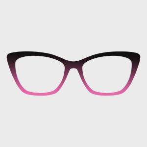 Puede incluir: Gafas de estilo ojo de gato con un diseño degradado. Las monturas hacen la transición de negro en la parte superior a rosa vibrante en la parte inferior. Las lentes son transparentes y la forma general es un diseño clásico y femenino.