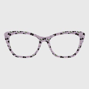May include: Cat-eye style eyeglasses with a purple and white gingham pattern. The frames are decorated with a repeating pattern of black cherries and green leaves. The glasses have a retro, vintage aesthetic.